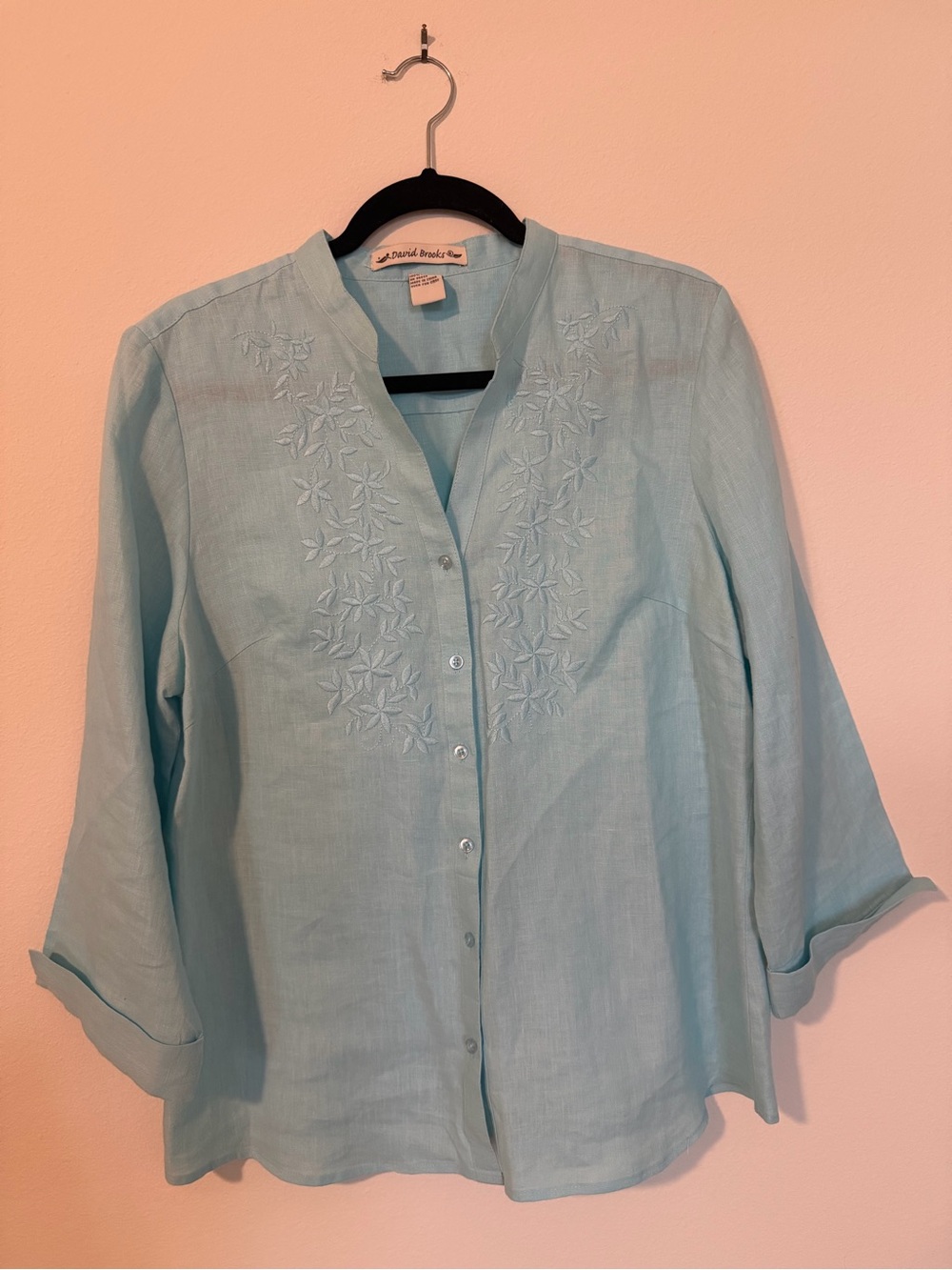 David Brooks’s Blue Embroidered Linen Button-Down Shirt